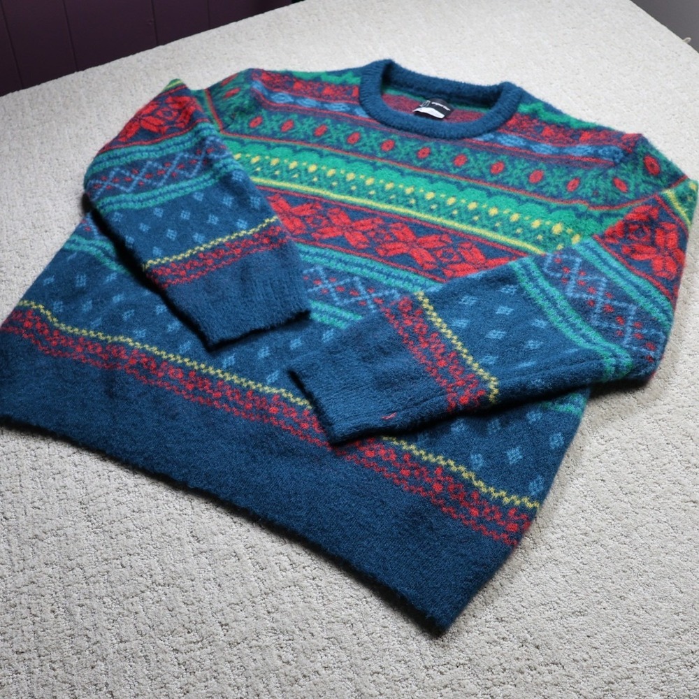Original Use Mens XXL Fair Isle Crewneck Sweater Teal Green Red Geometric Knit